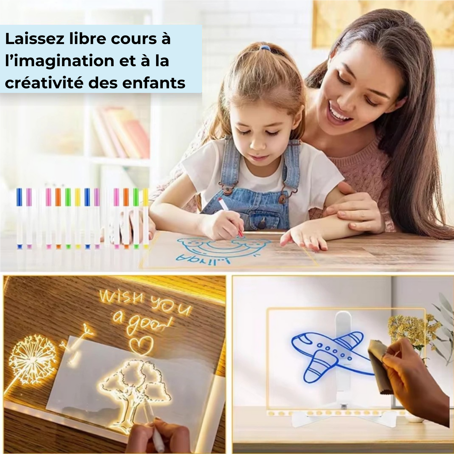 TABLEAU À DESSIN MAGIC LED - 7 CRAYONS FEUTRES OFFERTS